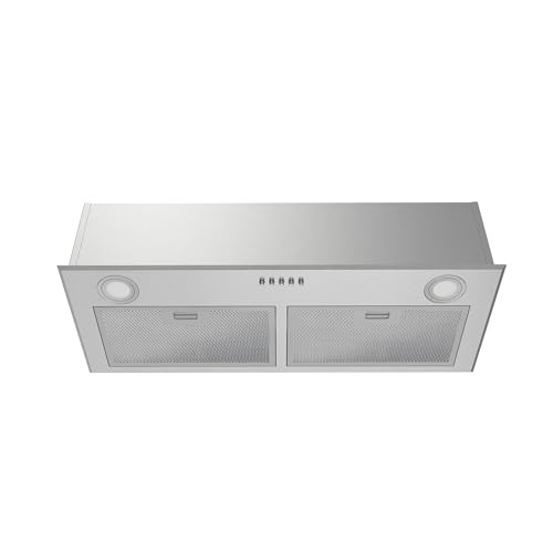 FIREGAS Campana extractora de 28 pulgadas, campana de ventilación de cocina de acero inoxidable integrada con 450 CFM, ventilador de escape de 3 velocidades, 2 luces LED y control de botón