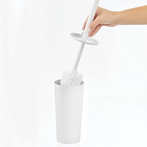Image of mDesign Metal Freestanding Slim Toilet Bowl Brush and Holder + Rectangle Narrow 5 Liter / 1.3 Gallon Step Pedal Trash Can Wastebasket for Bathroom - Small, Compact Design - Set of 2 - White