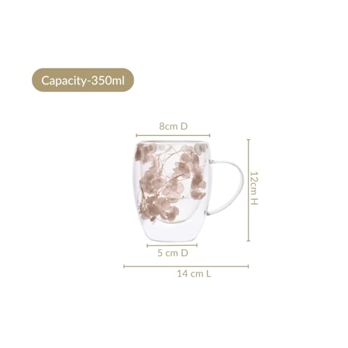 Image of Nestasia Double Wall Glass Mug with Dried Flowers Set of 2 (350ml Each) - Transparent Borosilicate Floral Glass Tea Cups | Lightweight & Durable Coffee Mugs - Perfect for Gifting (Peach)