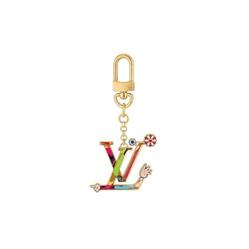 Colorful Initial Letter Keychain with Playful Flower & Hand Charm - Gold Tone Metal Bag Charm & Key Ring Holder, Designer Style Accessory for Women Men