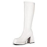 STALOV White Platform Boots For Women - Knee High, Square Toe, Chunky Block Heeled Long Boots