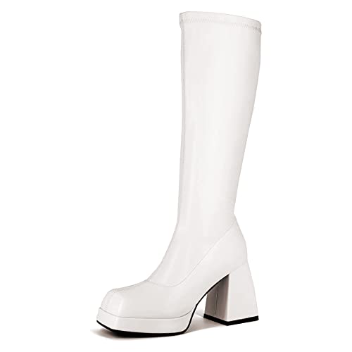 STALOV Platform Gogo Boots for women Knee High Square Toe Tall Boots Block Chunky Heel Stretchy Leather Long Boots