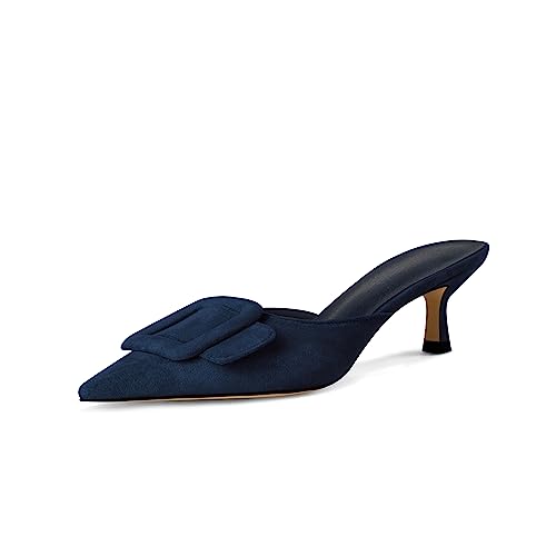 Kitten Heel Mules Sandals for Women Pointed Toe Square Buckle Backless Slip on Suede Stiletto Dress Heeled Sandals Wedding Party Shoes
