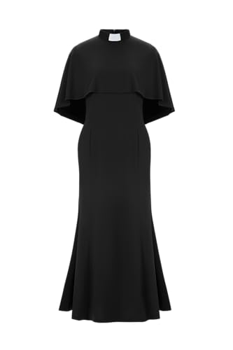Mambabacosp Womens Cape Sleeve Church Dress Clergy Tab Insert Collar Priestess Cape Dress (US Alpha XX-Large Regular Regular Black)