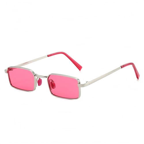 WDZAYXC Retro Sonnenbrille mit schmalem Rechteckrahmen für Herren und Damen UV400-Schutz modische Sonnenbrillen für Streetwear Partys und den täglichen Gebrauch (leuchtendes Rosa)