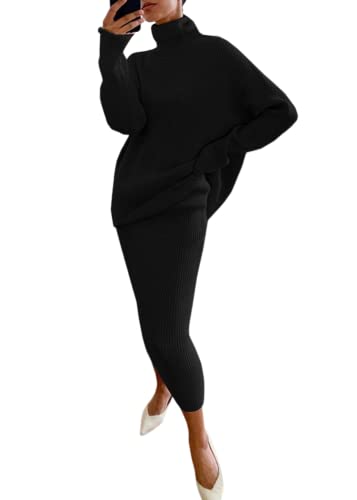shownicer Damen Strickkleid Zweiteiliger Anzug Pullover Oberteil und Midi Strickrock Bodycon 2 Stück Set Maxikleid Rollkragen Pulloverkleid Winter...