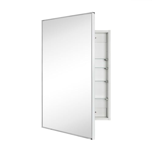 Image of TEHOME 20'' x 30'' Chrome Recessed and Surface Mount Bathroom Medicine Cabinet with Mirror Square Cornered Metal Framed Rounded Rectangle Medicine Cabinet Mirror