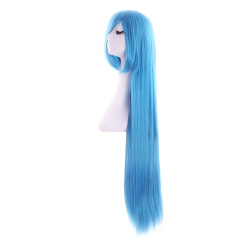 Image of MapofBeauty 40 Inch Oblique Bangs Anime Long Straight Wig, Cyan Blue
