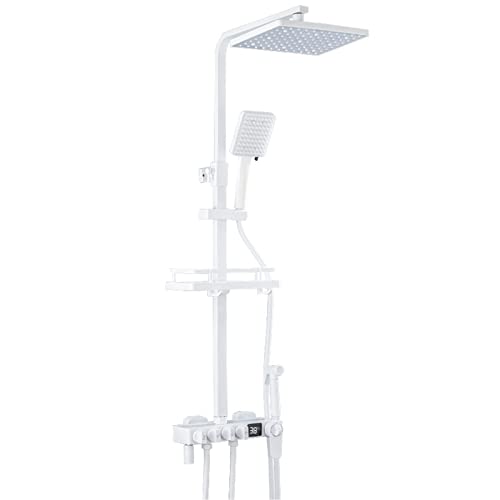 Douche de pluie blanche avec écran LED et commande thermostatique murale