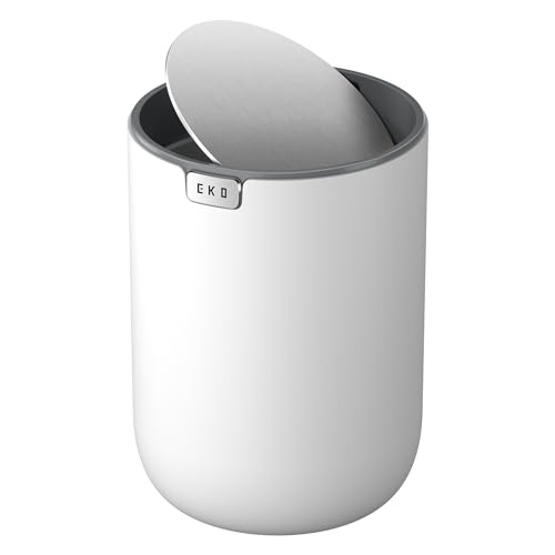 Image of EKO Fandy 0.58 Gal /2.2L Mini Trash Can with Lid, Swing-Top Desktop Trash Can for Bathroom, Countertop, Vanity, Desk or Office, Small Garbage Bin (White)