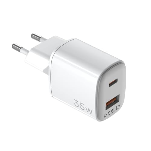 Celly, Caricatore con porte USB C e USB A 35 Watt, Caricabatterie Multiplo con Tecnologia GaN, Compatto e Potente, Alimentatore per Smartphone e Tablet dei Maggiori Produttori