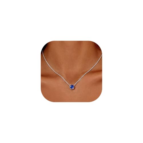 Navy Blue Necklace, Sapphire Necklace, White Gold Plated Round Pendant