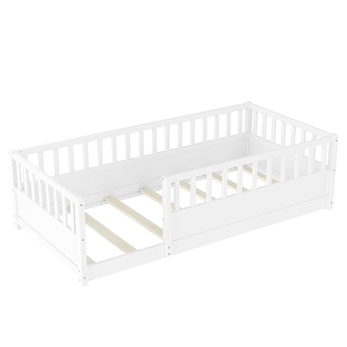Image of Twin Size Kids Montessori Floor Bed Frame with High Fence,White