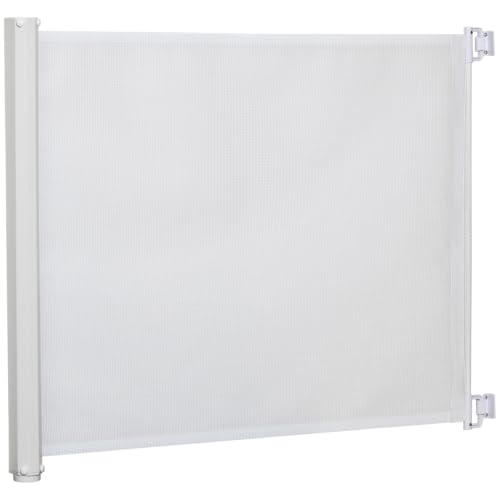 PawHut Barrera para Perros Retráctil Ancho Ajustable 5,5-115 cm Blanco | Puerta para Perros Extensible, Barrera de Seguridad, Función de Enrollado Automático, Asa, para Escaleras y Puertas
