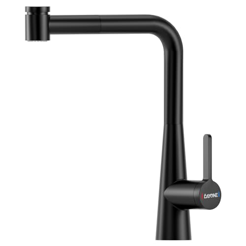 DAYONE Matte Black Kitchen Sink Taps with Pull Out Sprayer, 360° Swivel Zinc Alloy Kitchen Mixer Tap with 2 Modes Spray, Single Lever High Arc Modern Kitchen Sink Taps, UK Standard Kitchen Faucet