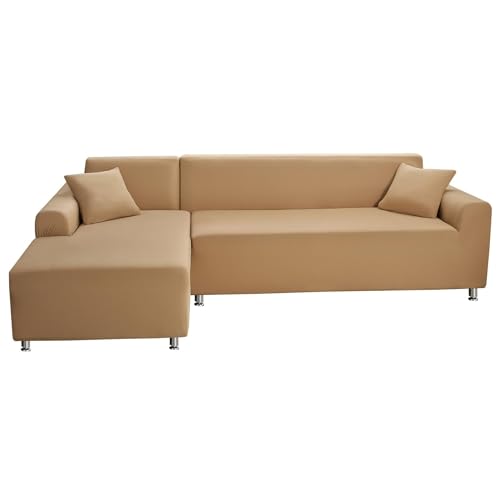 ShowyLive Juego de 2 Fundas Sofas 2 Plazas Ajustables Funda Cubre Sofá Chaise Longue Elásticas para Forma L Extraíbles Lavables (2 Plazas+2 Plazas, Camello)