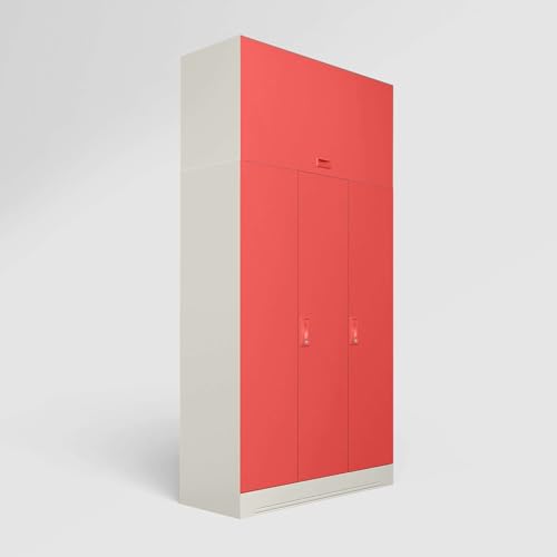 Image of Interio by Godrej Almirah Slimline 3-Door Steel Almirah, Cupboard for Clothes (Alpine White and Hot Coral Matte), 1-Year Warranty, 7 Shelves, 1 Locker, with Overhead Unit