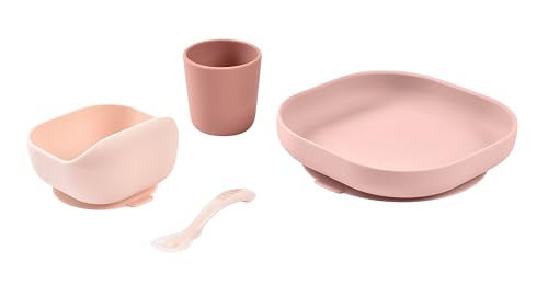 Image of BEABA Silicone 4-Piece Meal Set - Easy to Clean - Dishwasher and Microwave Safe - Soft, Unbreakable, Non-Slip Suction Bottom - Includes Plate, Bowl, Cup and 2nd Stage Silicone Spoon