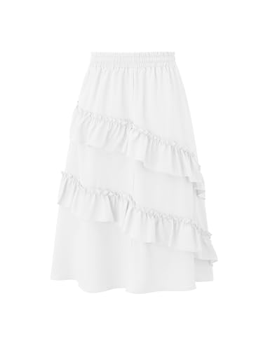 Image of Girls High Waisted Ruffle Maxi Skirt Soft Cotton Long Skirts with Elastic Waistband for Kid Girl 3-12 Years