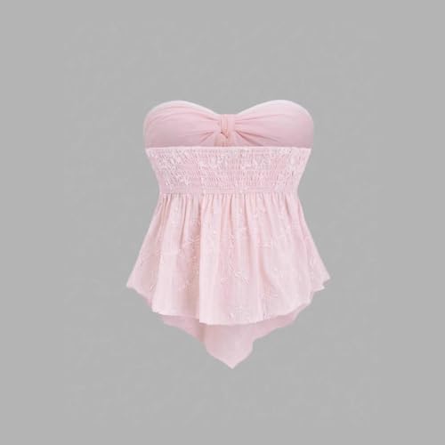 YELLOOP Coquette Y2k Tube Top Summer 2025 Trendy Sheer Lace Peplum Tops Y2k Tops for Women Cute Strapless Bandeau 90s3