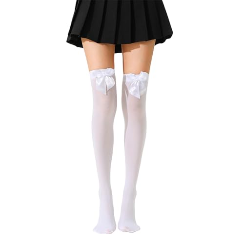 Jiamaohua 1 Pair White Thigh High Socks Knee High Socks with Bows White Bow Stockings Opaque Bow Lace Over The Knee Long Stockings for Women Halloween Fancy Dress Xmas Valentine's Day Favors