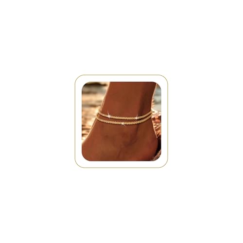 Robaice Gold Plated Ankle Bracelets for Women, Glitter Waterproof Adjustable Anklet for Women, Layered Summer Beach Anklets Jewelry for Women Gift