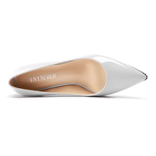 Image of TNYNFBEB Womens Mid Kitten Heel Pointed Toe Pumps Slip-on Silver Beaded Prom Party Dress Patent Leather 2.6 Inches Heels