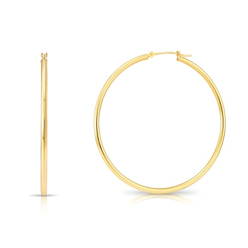 Image of 14k Yellow Gold Classic Shiny Polished Round Hoop Earrings, 2mm tube