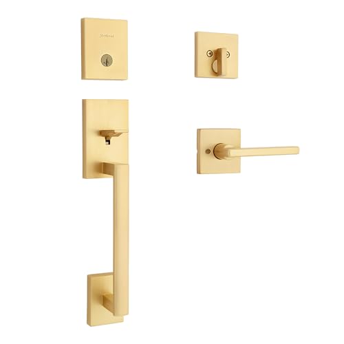 Kwikset San Clemente Front Door Lock Handle and Deadbolt Set, Entry Handleset Exterior with Interior Reversible Lever, Satin Brass, Pick Resistant SmartKey Deadbolt Security, with Microban Protection by Kwikset - Used condition - US$98.96