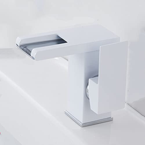 Grifo de cascada para lavabo con luces LED cambiantes y cuerpo de latón blanco