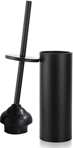 Image of Black Toilet Plunger with Holder Bathroom Metal Canister Holder Drip Cup, Heavy Duty, Deep Cleaning