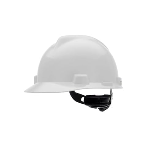 MSA 477482 V-Gard Cap Style Safety Hard Hat With Fas-Trac III Ratchet Suspension | Polyethylene Shell, Superior Impact Protection, Self Adjusting Crown-Straps - Large Size in White Cover
