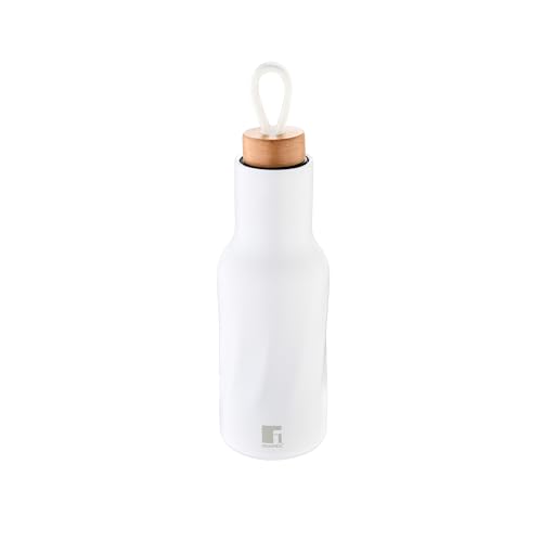 Bergner Naturally | Botella de agua de acero inoxidable | 500 ml | 8 x 8 x 27 cm | Acabado blanco con tapa de madera de haya | Tapa con asa | Fácil transporte