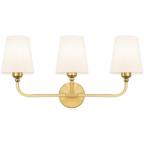 Kvhiiw Bathroom Vanity Light Brushed Gold Bathroom Light Fixtures 3-Light Lighting Fixtures Over Mirror Modern Wall Sconce with Flared White Fabric Shade E26 Socket(ETL Listed)