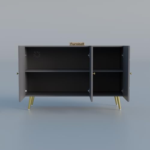 Image of Modern Wooden Storage Cabinet with 2 Doors | Geometric Design Sideboard /Cupboard for Living Room | Multipurpose Organizer for Bedroom & Entryway | HDMR Premium Wood | Gold Metal Legs(Grey)