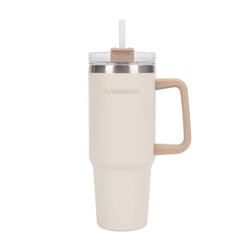 Flamingueo Termo 0,9L - Botella Agua Acero Inoxidable - Vaso Termico - Con Pajita - Bebidas Frías 24h y Calientes 10h - Taza Termica - Beige