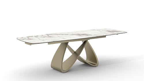 PAZZO DESIGN Table extensible Zeno, plateau en verre céramique Calacatta Marble, pieds dorés, cuisine, salon, céramique, 180 x 90 x h76 cm - id_2300