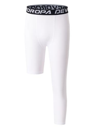 DEVOROPA Youth Boys One Leg Compression Pants for Basketball 3/4 Leggings Sports Tights Kids Athletic Soccer Base Layer White L