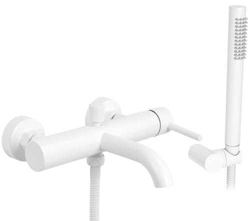 Rea Robinet de baignoire Lungo White Mitigeur Baignoire avec Douchette en Laiton pour Salle de Bain Chaude et Froide Réglable (Blanc)
