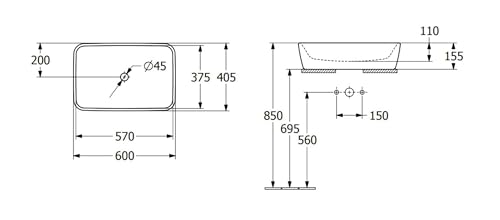 Vasque rectangle à poser VILLEROY ET BOCH Architectura 60 x 405 sans trop plein - vue 3