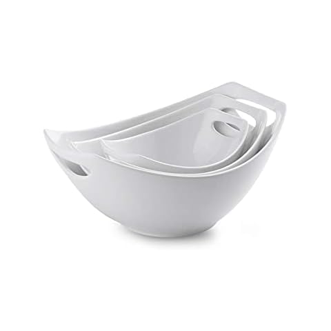 LAUCHUH Porcelain Serving Bowl Set with Handles 3 Packs Ceramic Mixing Bowl Set for Kitchen Nesting Bowl Set 15/28/ 49oz Cover