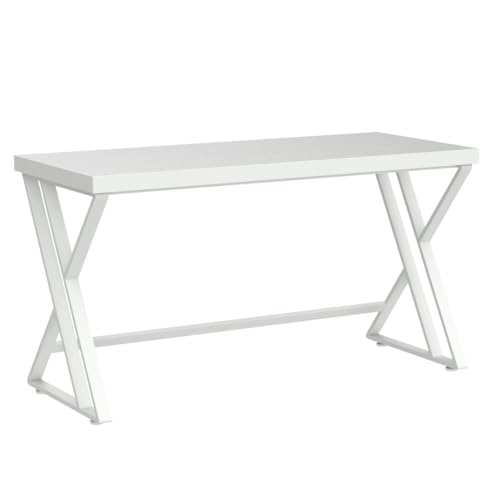 LVB White Computer Desk, Modern Wood Home Office Desk for PC Writing Work, Metal Wooden Executive Workstation Student Simple Desk, Computer Study Gaming Bedroom Table, 55 Inch, White Oak
