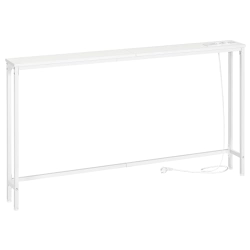 HOOBRO Schmaler Konsolentisch, 140 cm Langer Beistelltisch, Sofatisch mit Ladestation, Eingangstisch, hinter dem Sofa, im Wohnzimmer, im Flur, Metallgestell, Weiß EWW145CXG01
