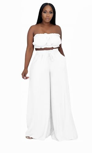 Image of Two Piece Sets for Women Summer Outfits Crop Tops and Wide Leg Pants Sets Sexy Jumpsuits Vacation Outfits with Pockets