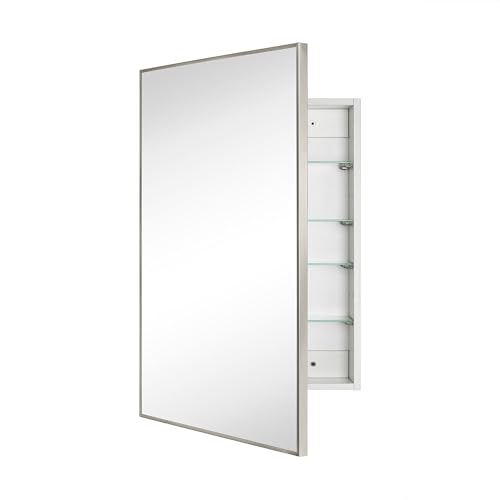 Image of TEHOME 20'' x 30'' Brushed Nickel Recessed and Surface Mount Bathroom Medicine Cabinet with Mirror Square Cornered Metal Framed Rounded Rectangle Medicine Cabinet Mirror