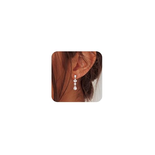 WATEFOER Pendientes Colgantes de Perlas para Mujer, Pendientes de Perlas con Zirconia Cubica Chapados en Oro de 14K Pendientes de Compromiso y Boda para Novias Regalos de Joyería de Moda (Plata)