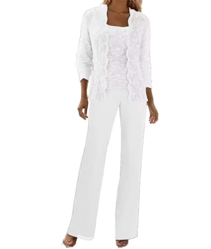 Image of 3 Pieces Chiffon Lace Mother of The Bride Pant Suits with Jackets Sequins Wedding Guest Dresses for Women