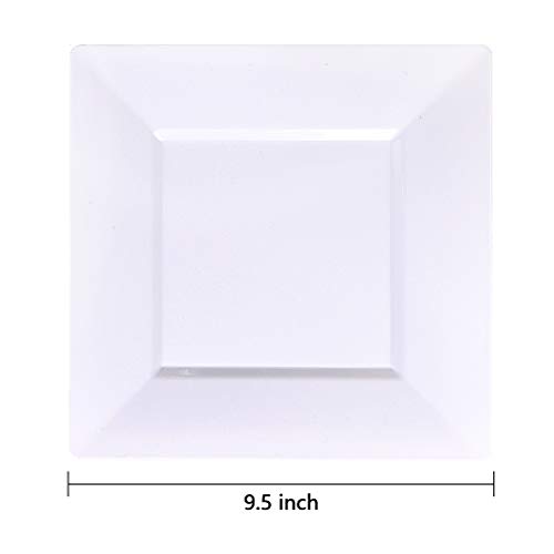 bUCLA 60Pieces White Plastic Plates - 9.5inch White Square Plates- Premium Hard Plastic Dinner Disposable for Weddings& Parties
