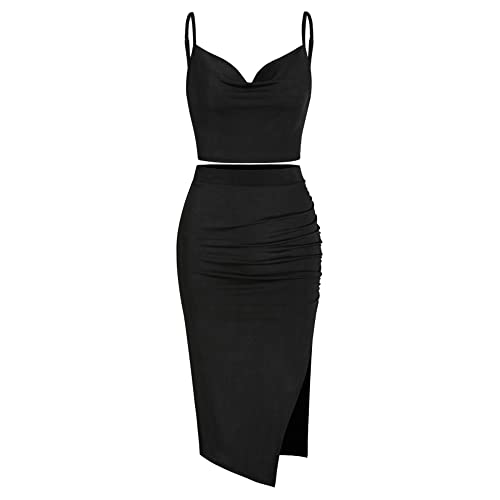 Zaful Women's Solid High Waisted Ruched Cowl Front Jersey Top And Ruched Skirt Set Dress (J-Black, L) #TOP29