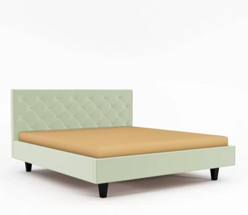 Image of Wooden Modern Upholstered King Size Bed for Bedroom | Wooden Double Bed Without Storage | Platform Cot Upholstered Bed with Upholstery Fabric | Engineered Wood | 6.5 x 6 Ft | Light Green